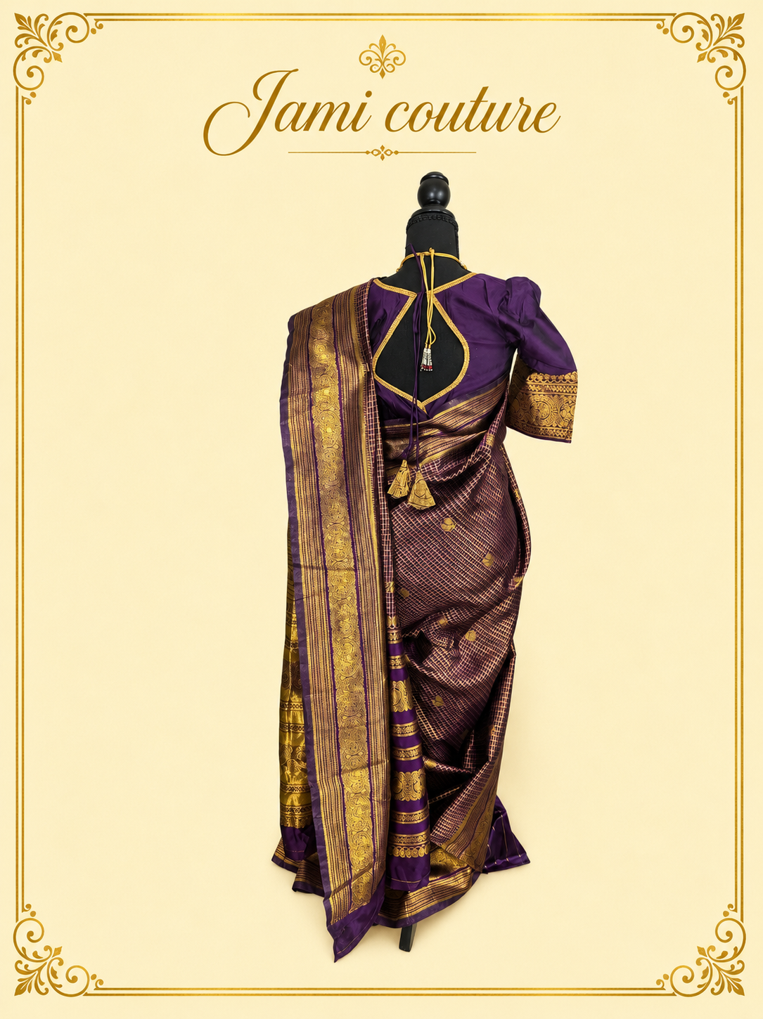 Purple Banarasi Soft Silk Saree with Gold Zari Peacock Border | Matching Stitched Blouse