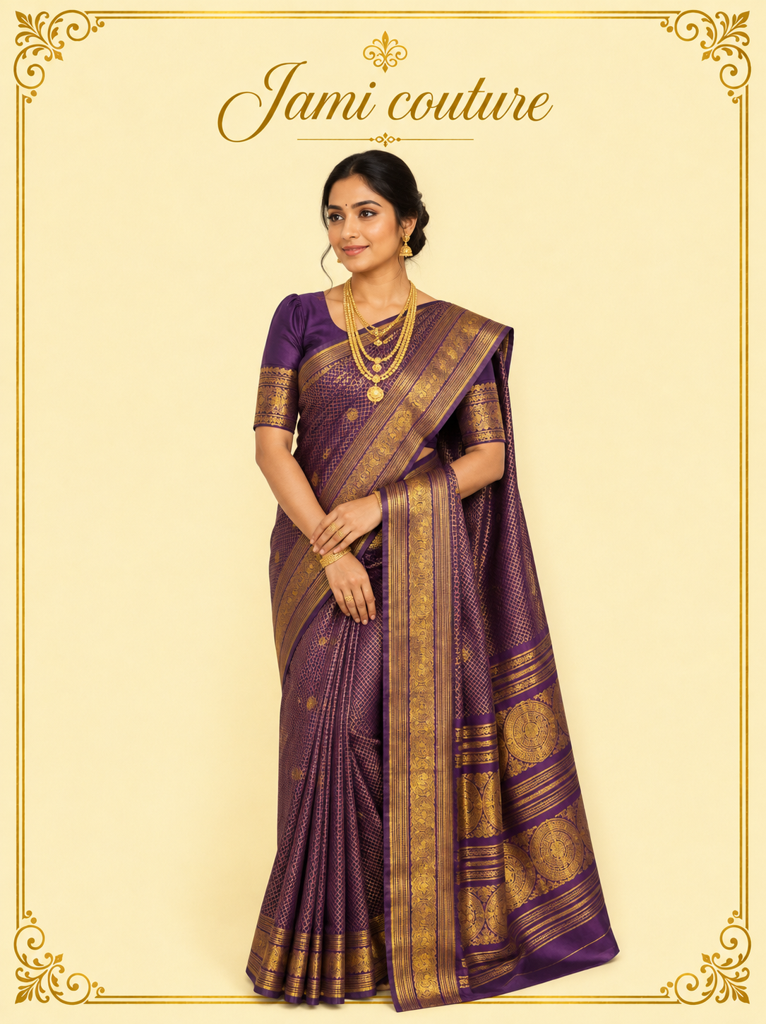Purple Banarasi Soft Silk Saree with Gold Zari Peacock Border | Matching Stitched Blouse