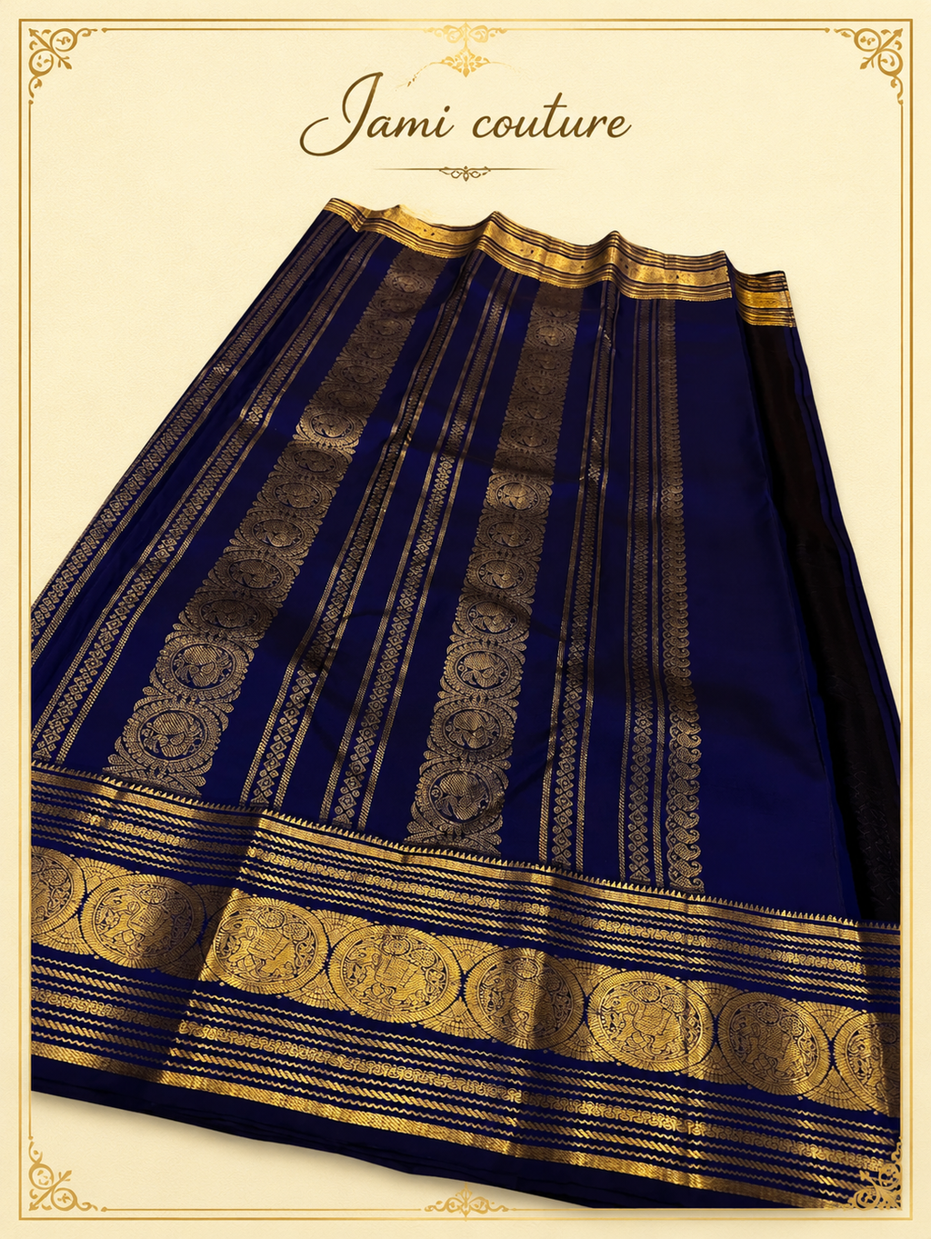 Navy Blue Banarasi Soft Silk Saree with Gold Zari Peacock Border | Matching Stitched Blouse