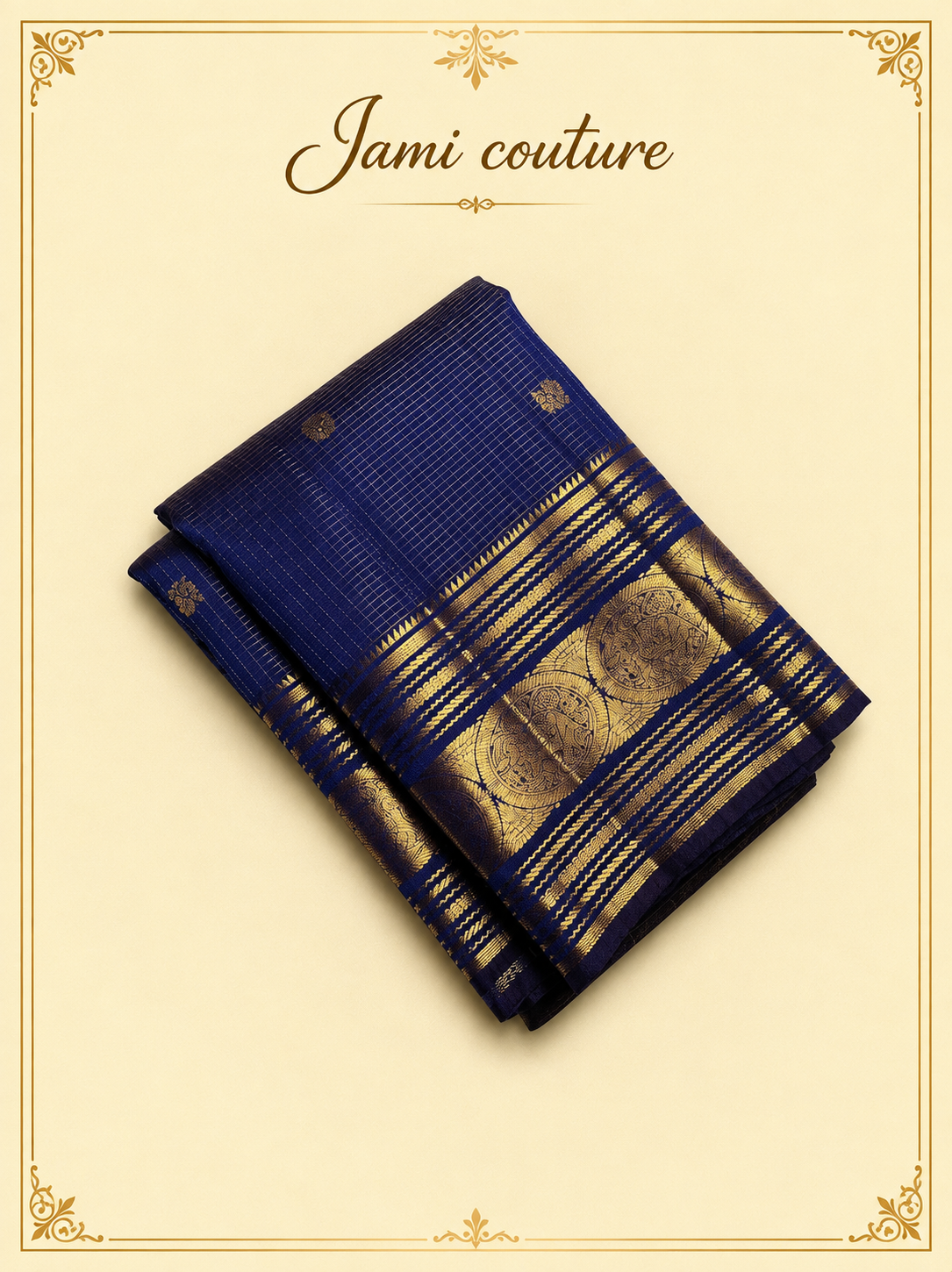 Navy Blue Banarasi Soft Silk Saree with Gold Zari Peacock Border | Matching Stitched Blouse