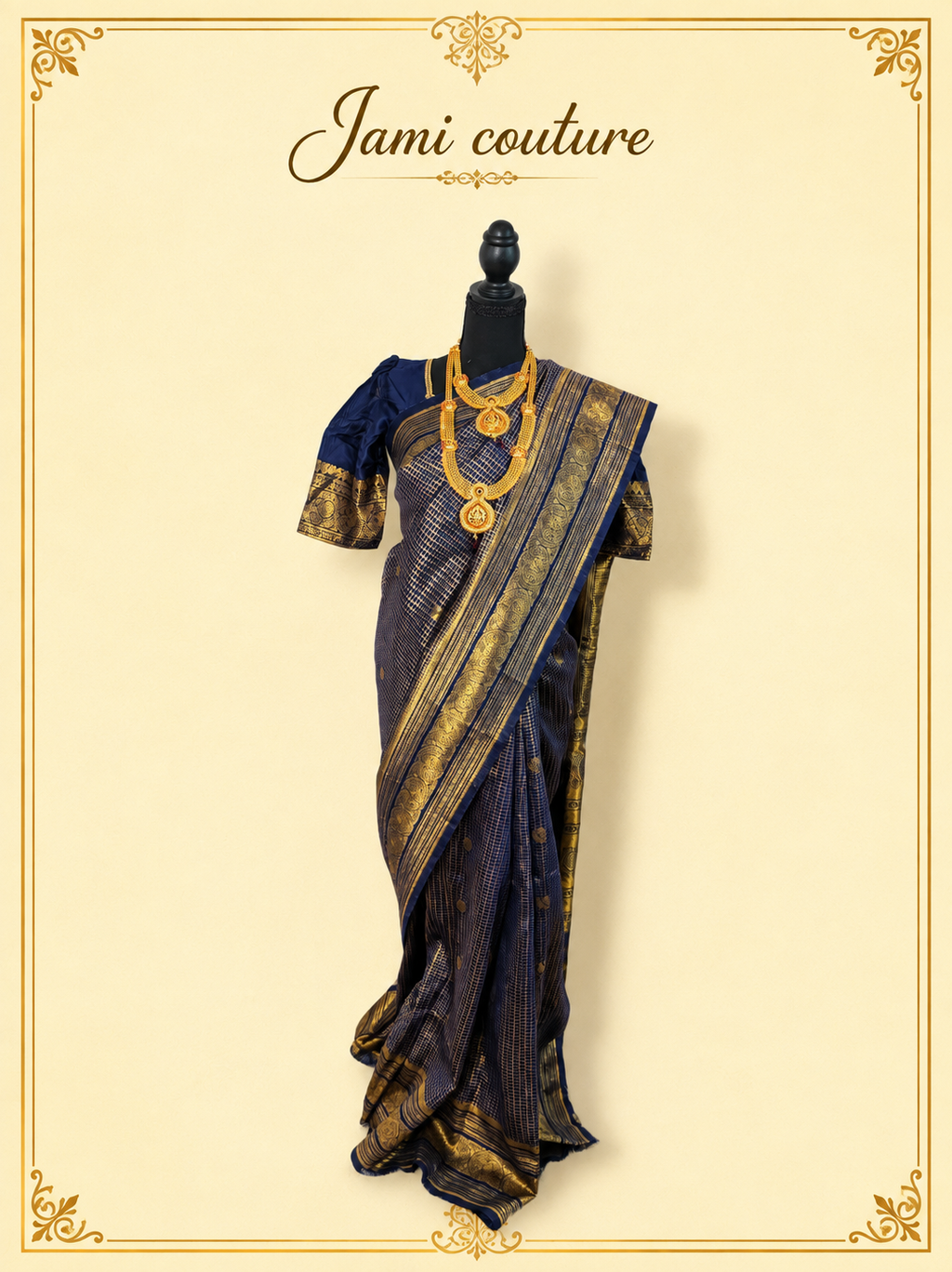 Navy Blue Banarasi Soft Silk Saree with Gold Zari Peacock Border | Matching Stitched Blouse
