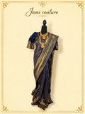 Navy Blue Banarasi Soft Silk Saree with Gold Zari Peacock Border | Matching Stitched Blouse