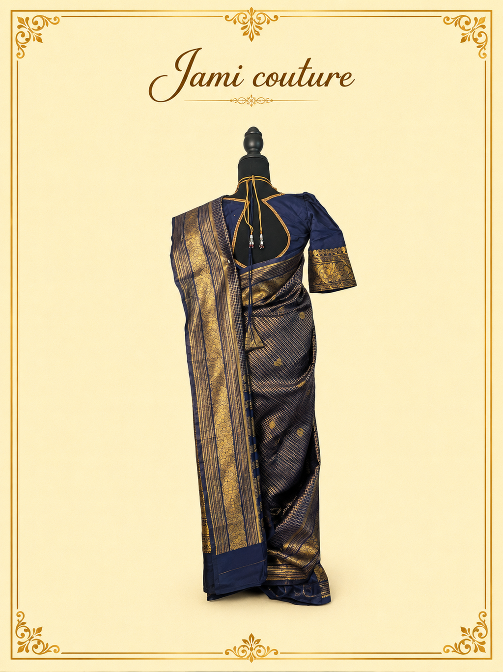 Navy Blue Banarasi Soft Silk Saree with Gold Zari Peacock Border | Matching Stitched Blouse