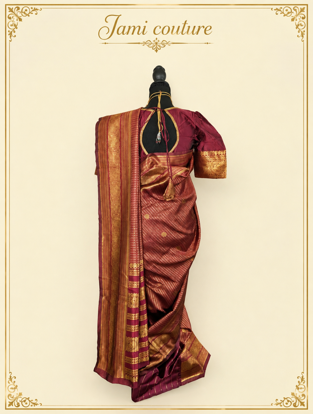 Wine Maroon Banarasi Soft Silk Saree with Gold Zari Peacock Border | Matching Stitched Blouse