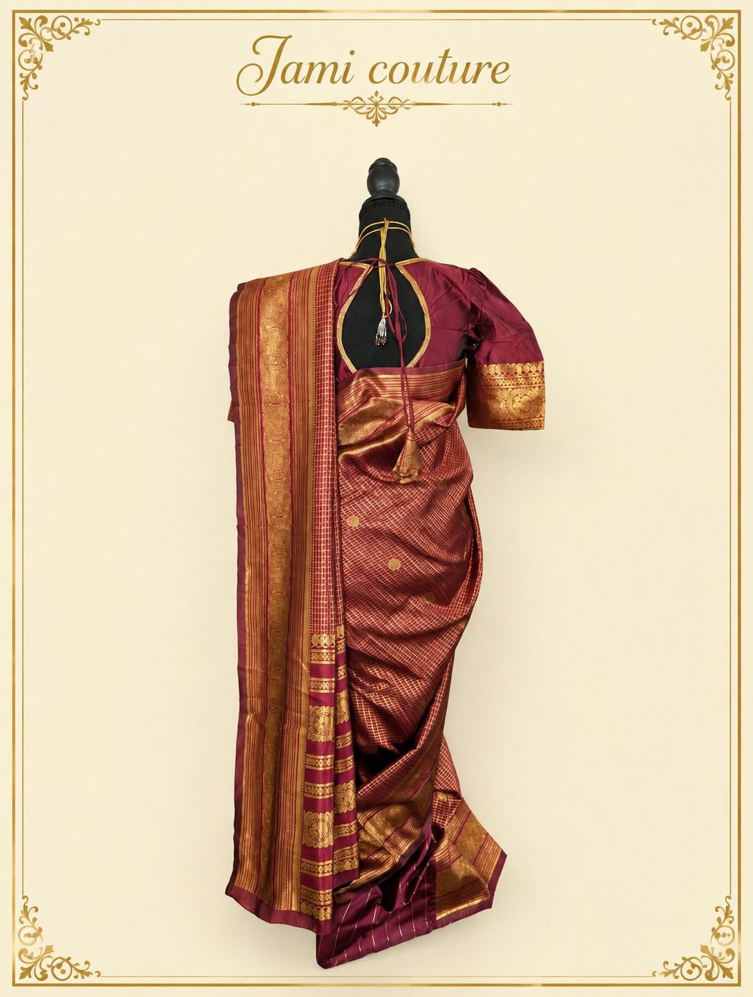Wine Maroon Banarasi Soft Silk Saree with Gold Zari Peacock Border | Matching Stitched Blouse