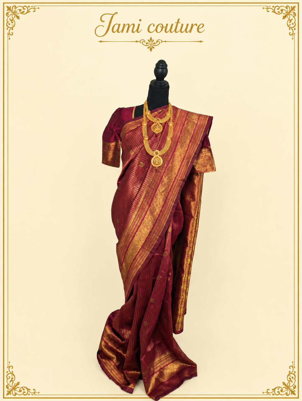 Wine Maroon Banarasi Soft Silk Saree with Gold Zari Peacock Border | Matching Stitched Blouse