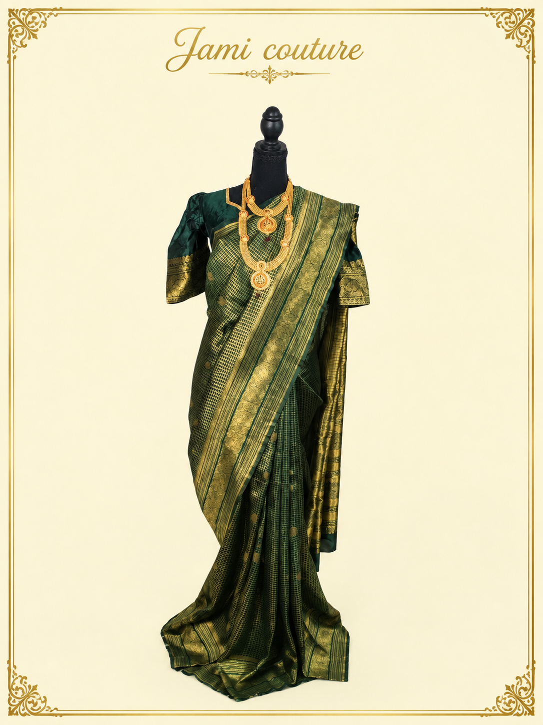 Bottle Green Banarasi Soft Silk Saree with Gold Zari Peacock Border | Matching Stitched Blouse