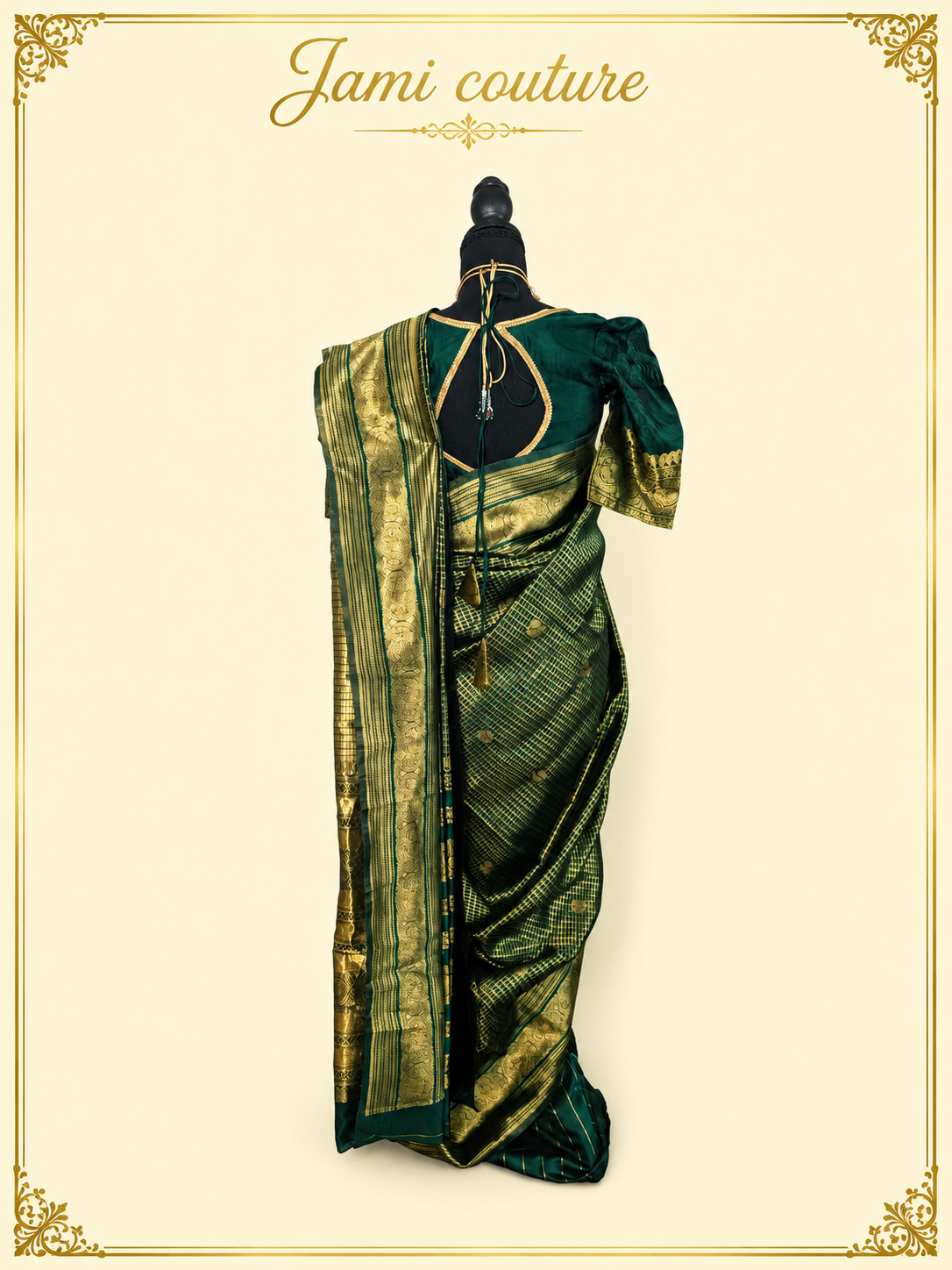 Bottle Green Banarasi Soft Silk Saree with Gold Zari Peacock Border | Matching Stitched Blouse