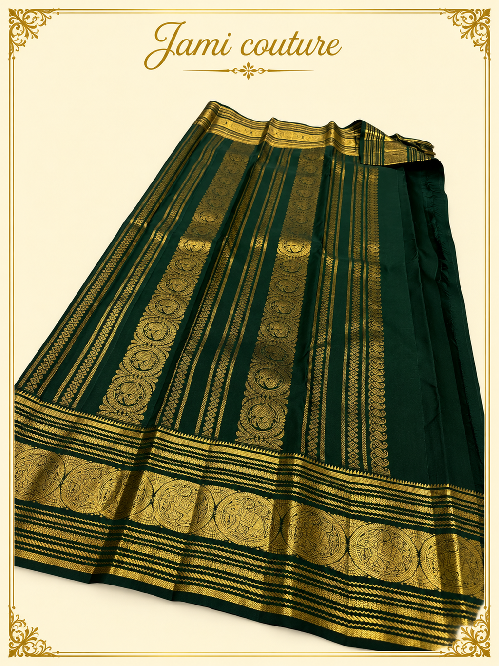 Bottle Green Banarasi Soft Silk Saree with Gold Zari Peacock Border | Matching Stitched Blouse