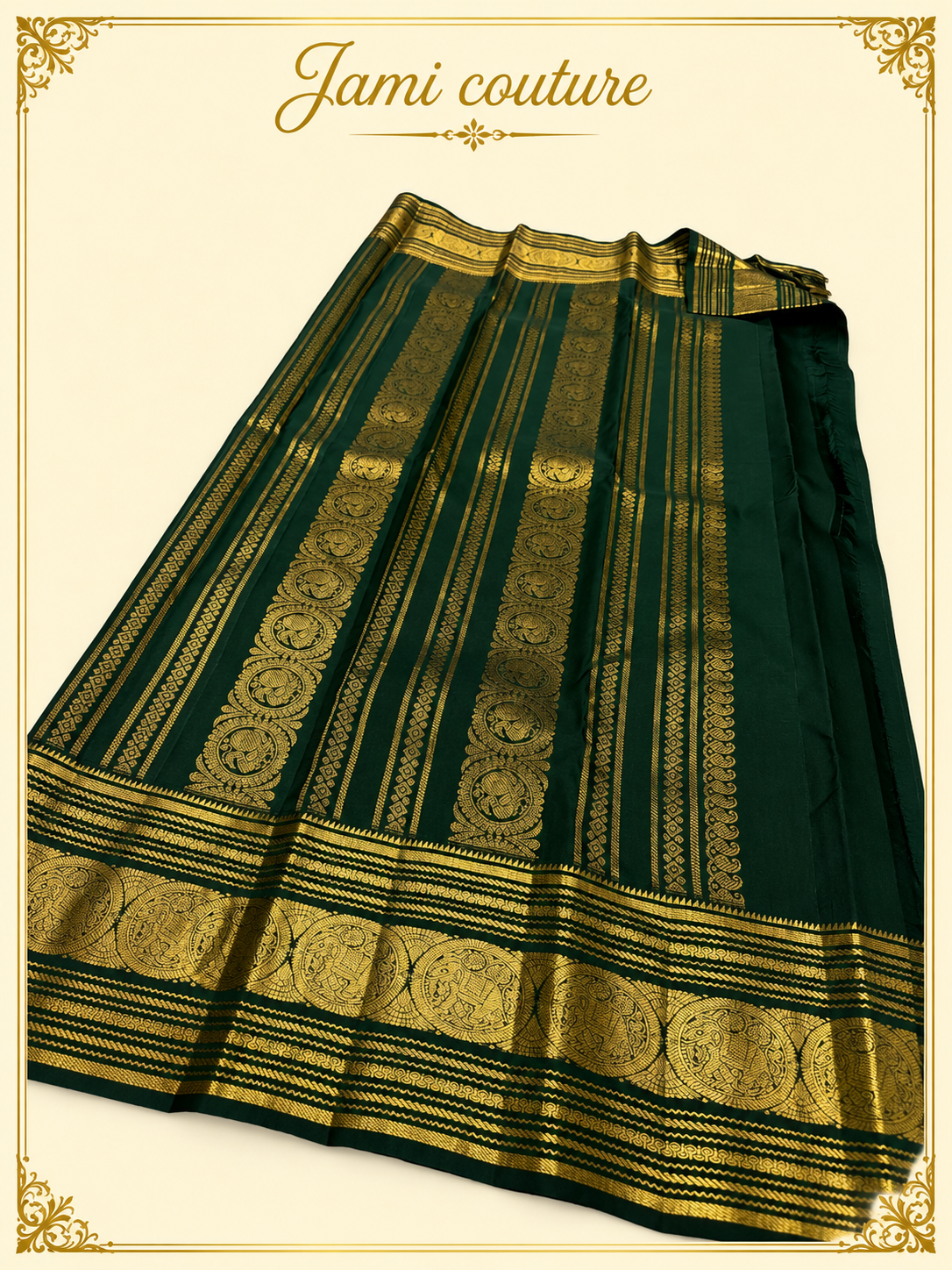 Bottle Green Banarasi Soft Silk Saree with Gold Zari Peacock Border | Matching Stitched Blouse