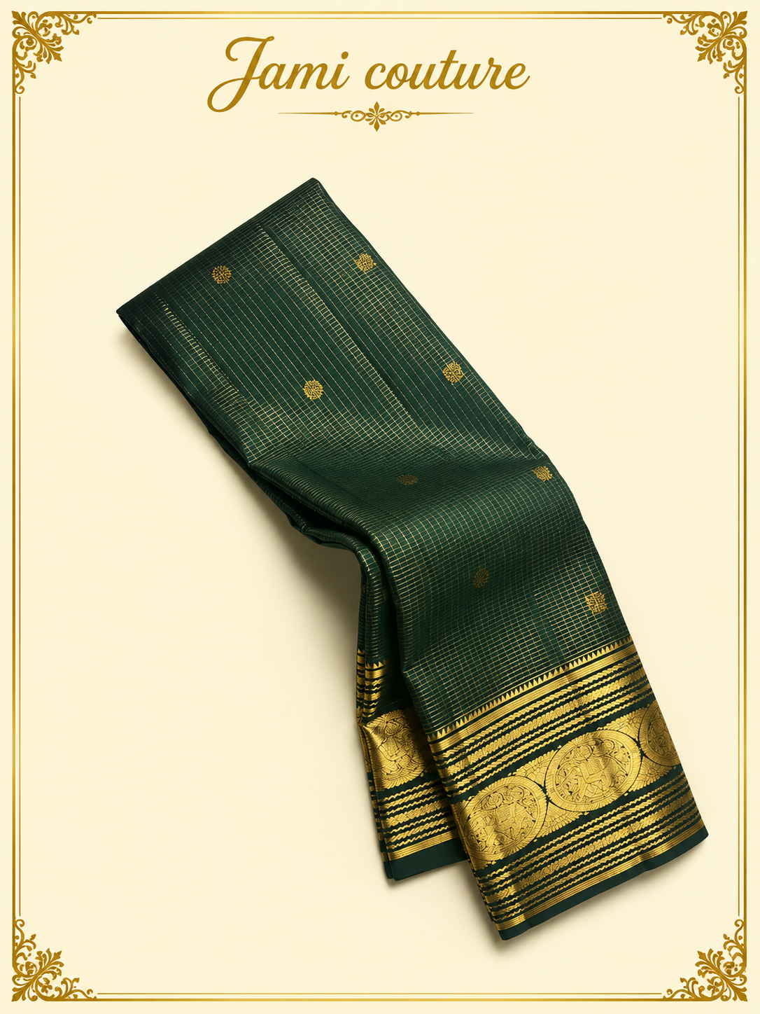Bottle Green Banarasi Soft Silk Saree with Gold Zari Peacock Border | Matching Stitched Blouse