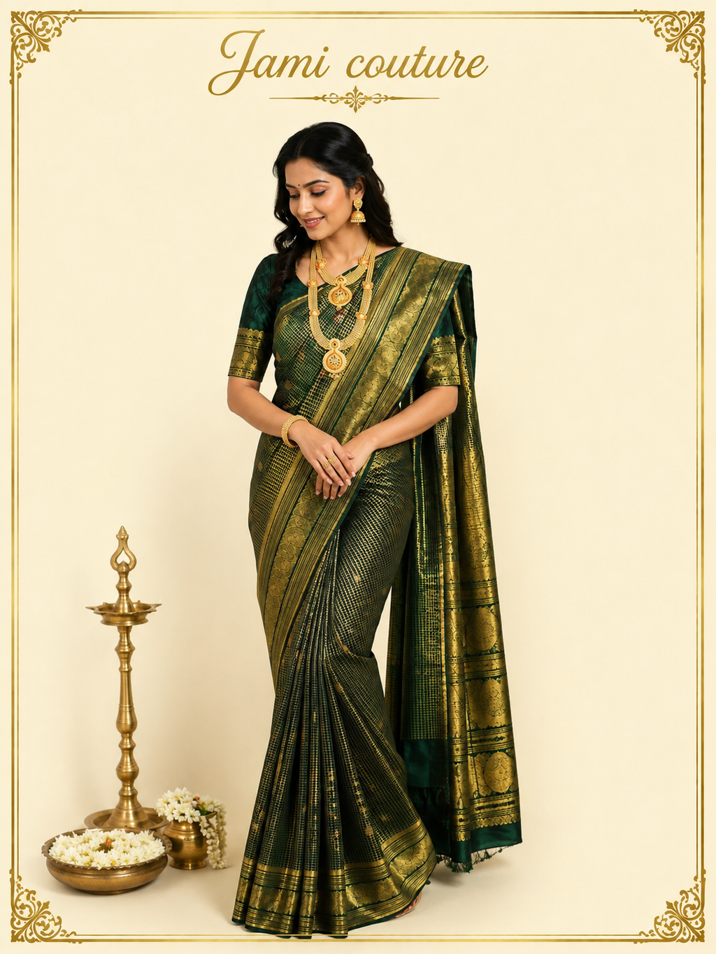 Bottle Green Banarasi Soft Silk Saree with Gold Zari Peacock Border | Matching Stitched Blouse