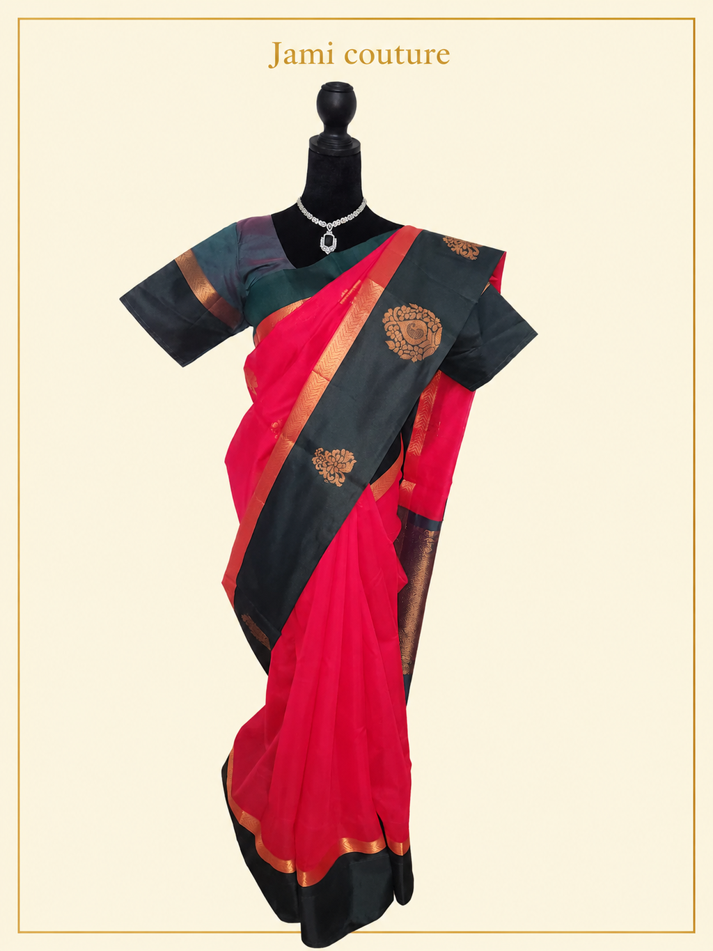 Rani Pink Handloom Silk Cotton Saree with Bottle Green Contrast Border & Copper Zari Motifs | Green Stitched Blouse
