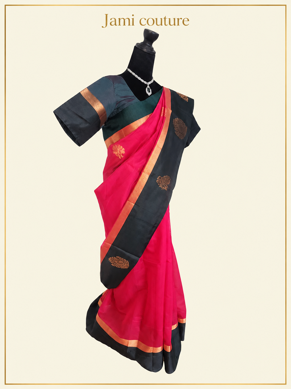 Rani Pink Handloom Silk Cotton Saree with Bottle Green Contrast Border & Copper Zari Motifs | Green Stitched Blouse