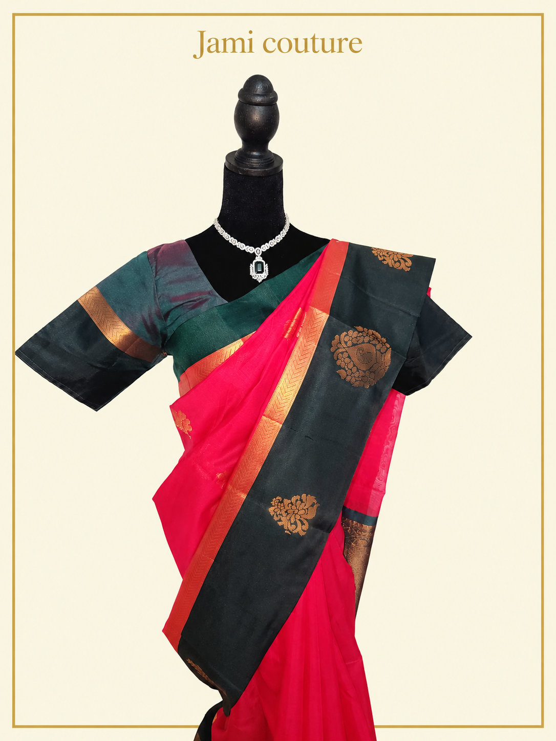 Rani Pink Handloom Silk Cotton Saree with Bottle Green Contrast Border & Copper Zari Motifs | Green Stitched Blouse