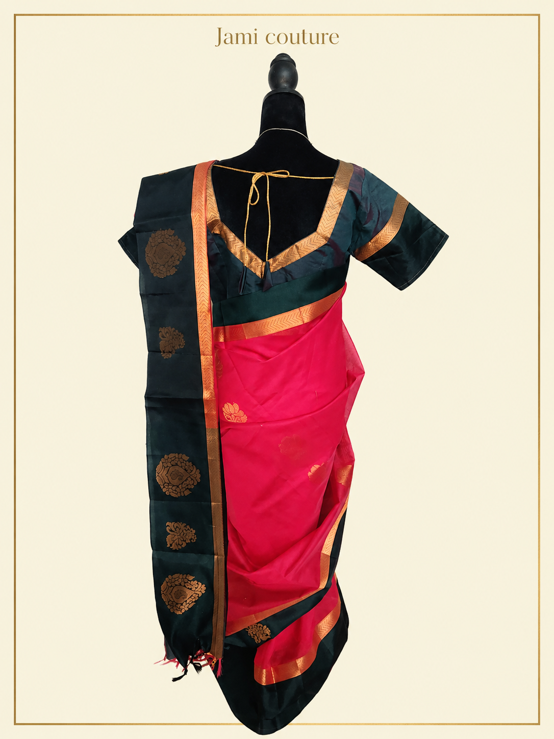 Rani Pink Handloom Silk Cotton Saree with Bottle Green Contrast Border & Copper Zari Motifs | Green Stitched Blouse