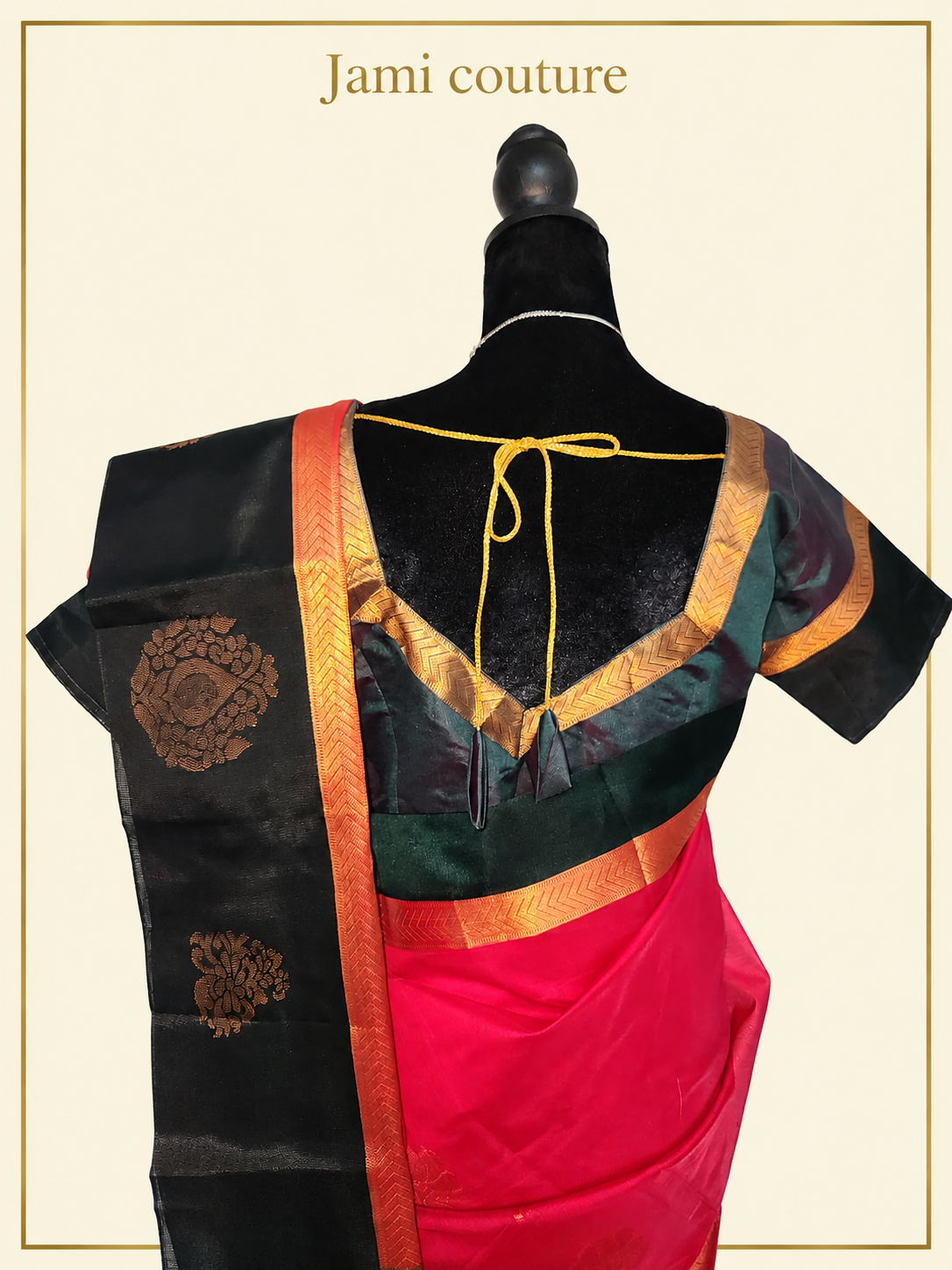 Rani Pink Handloom Silk Cotton Saree with Bottle Green Contrast Border & Copper Zari Motifs | Green Stitched Blouse