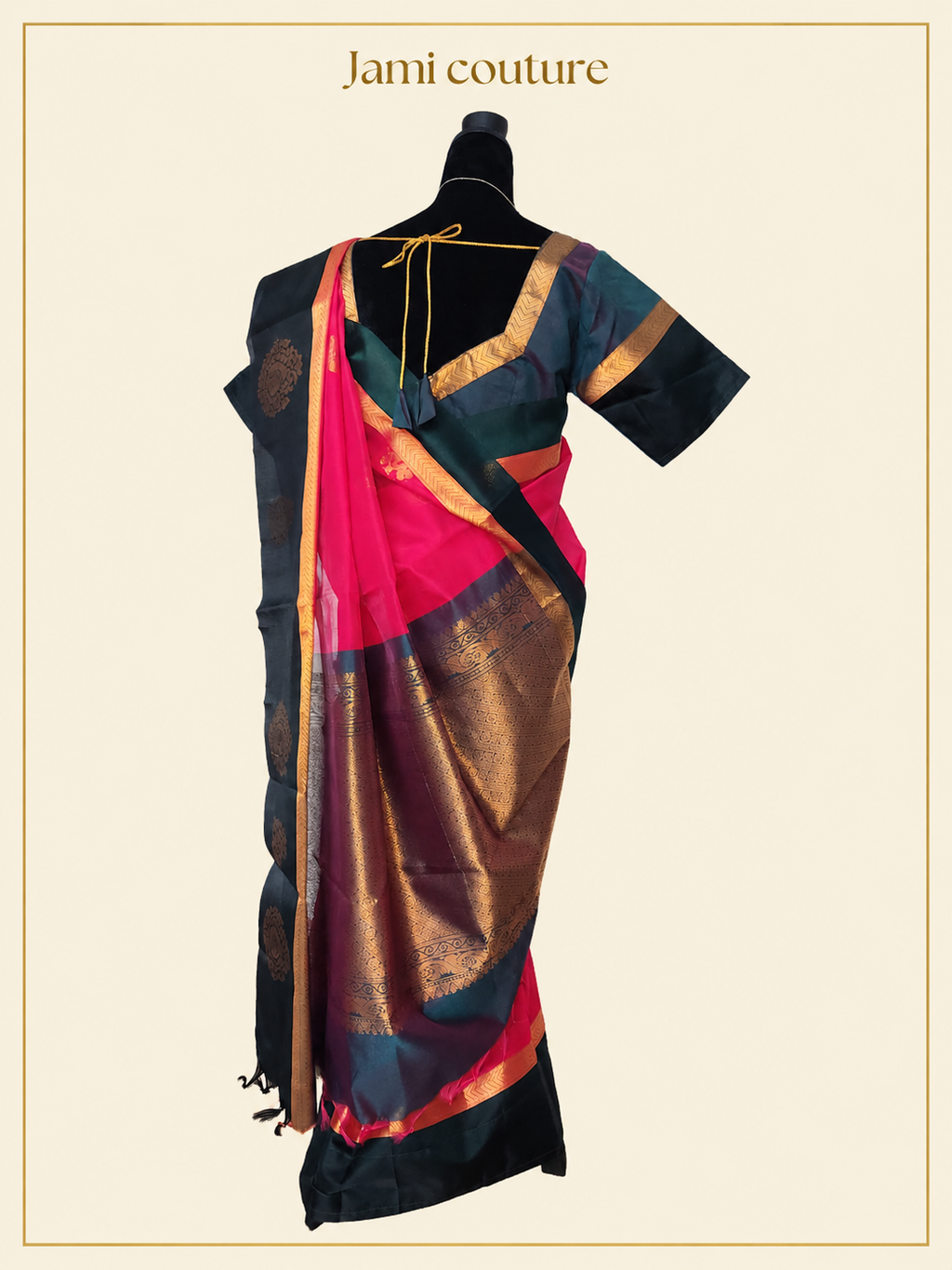 Rani Pink Handloom Silk Cotton Saree with Bottle Green Contrast Border & Copper Zari Motifs | Green Stitched Blouse
