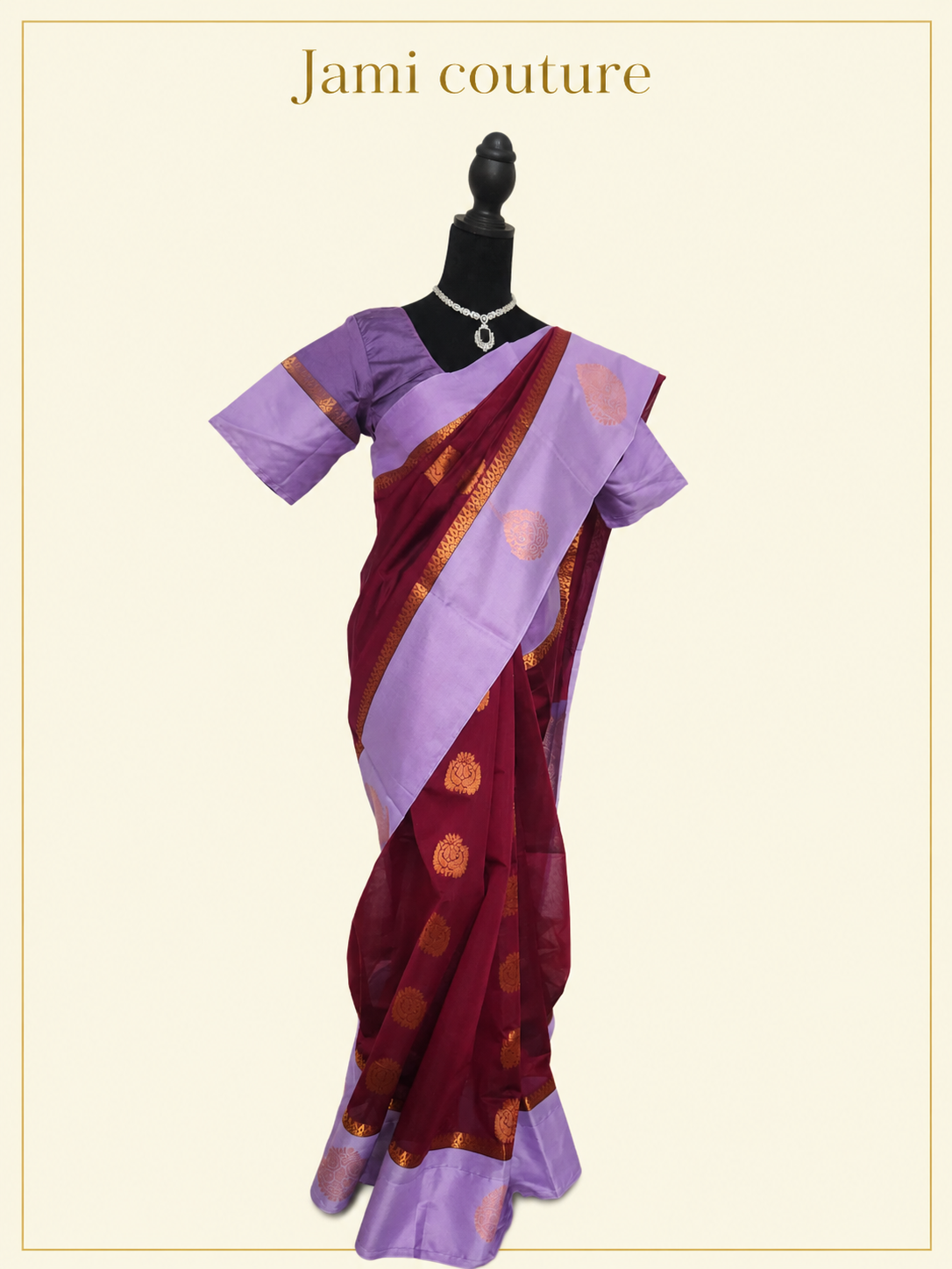 Wine Maroon Handloom Silk Cotton Saree with Lavender Contrast Border & Copper Zari Motifs | Lavender Stitched Blouse