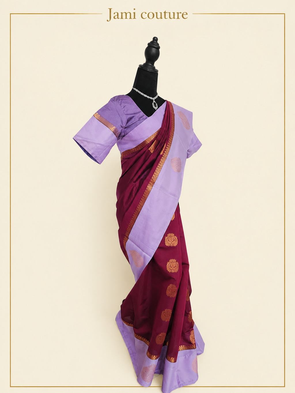 Wine Maroon Handloom Silk Cotton Saree with Lavender Contrast Border & Copper Zari Motifs | Lavender Stitched Blouse