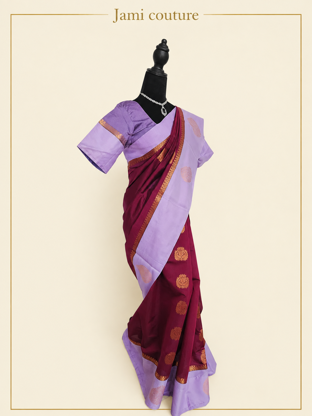 Wine Maroon Handloom Silk Cotton Saree with Lavender Contrast Border & Copper Zari Motifs | Lavender Stitched Blouse