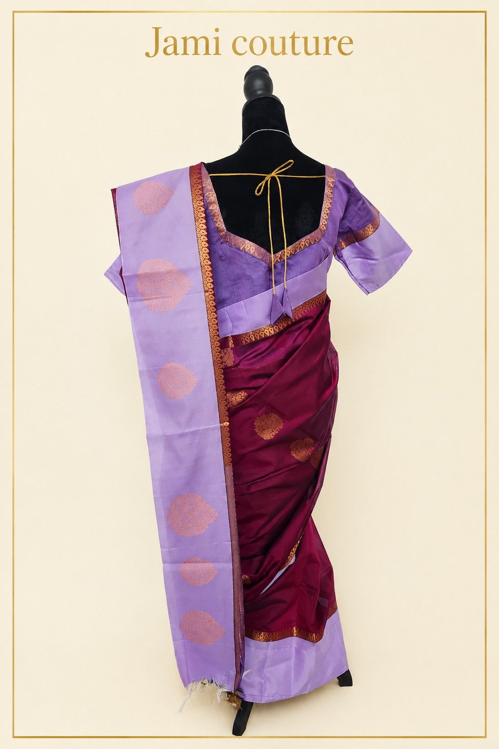 Wine Maroon Handloom Silk Cotton Saree with Lavender Contrast Border & Copper Zari Motifs | Lavender Stitched Blouse