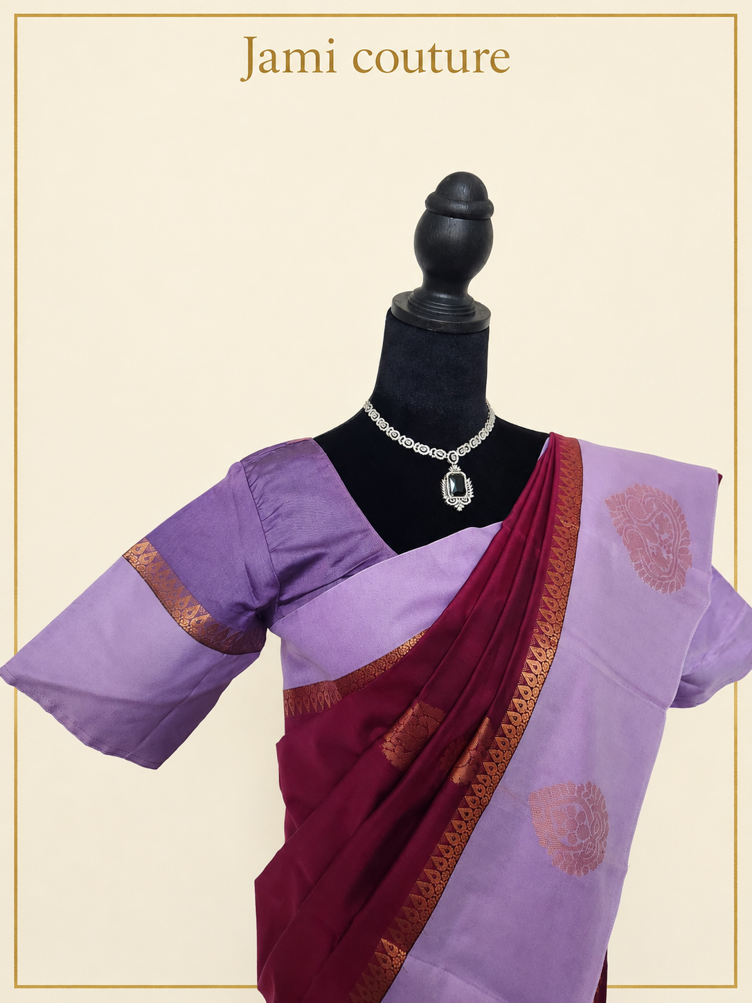 Wine Maroon Handloom Silk Cotton Saree with Lavender Contrast Border & Copper Zari Motifs | Lavender Stitched Blouse