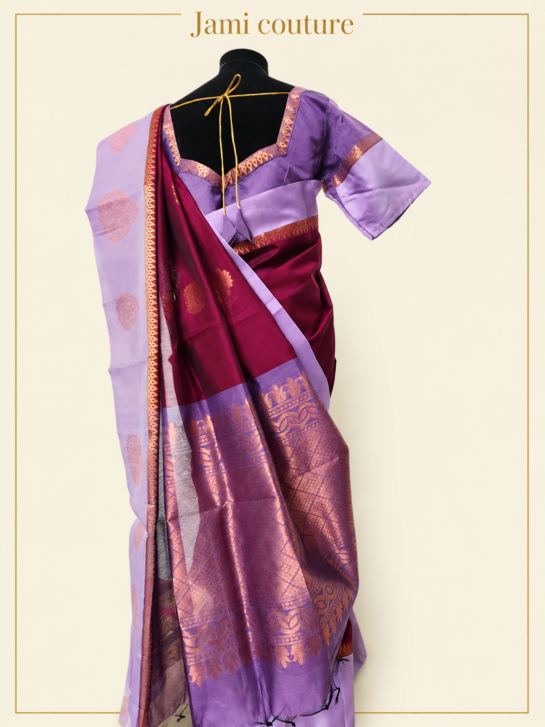 Wine Maroon Handloom Silk Cotton Saree with Lavender Contrast Border & Copper Zari Motifs | Lavender Stitched Blouse