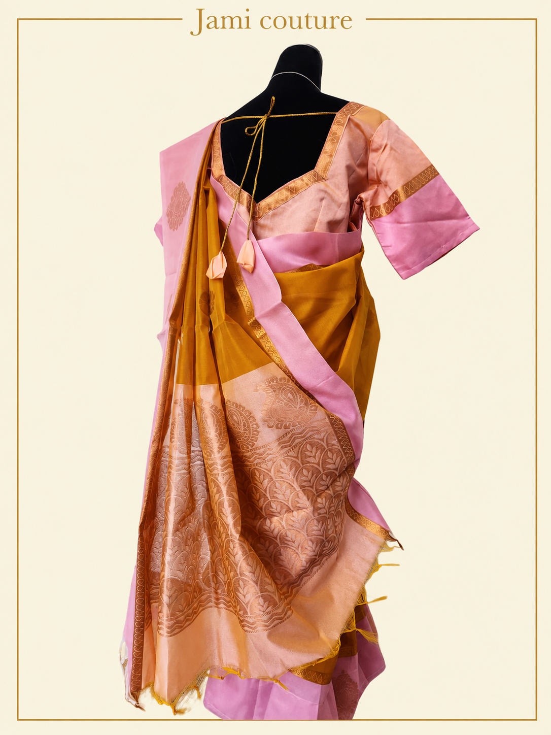 Mustard Yellow Handloom Silk Cotton Saree with Pink Contrast Border & Copper Zari Motifs | Pink Stitched Blouse