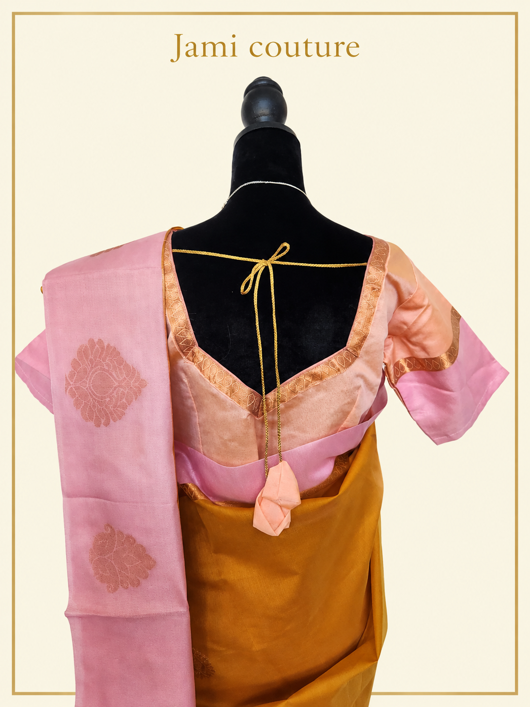 Mustard Yellow Handloom Silk Cotton Saree with Pink Contrast Border & Copper Zari Motifs | Pink Stitched Blouse