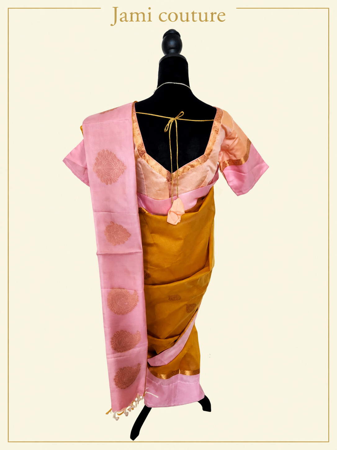 Mustard Yellow Handloom Silk Cotton Saree with Pink Contrast Border & Copper Zari Motifs | Pink Stitched Blouse