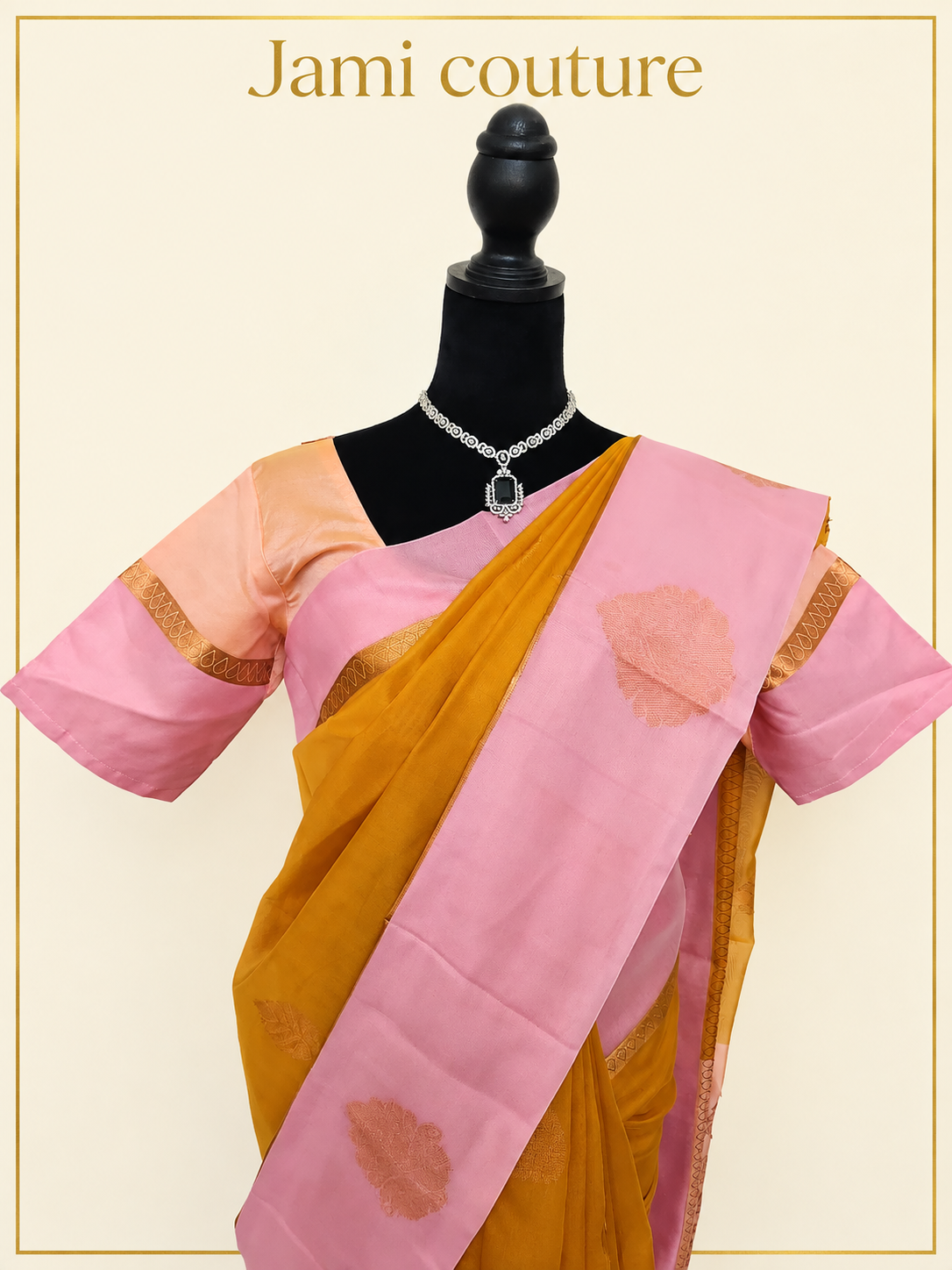 Mustard Yellow Handloom Silk Cotton Saree with Pink Contrast Border & Copper Zari Motifs | Pink Stitched Blouse