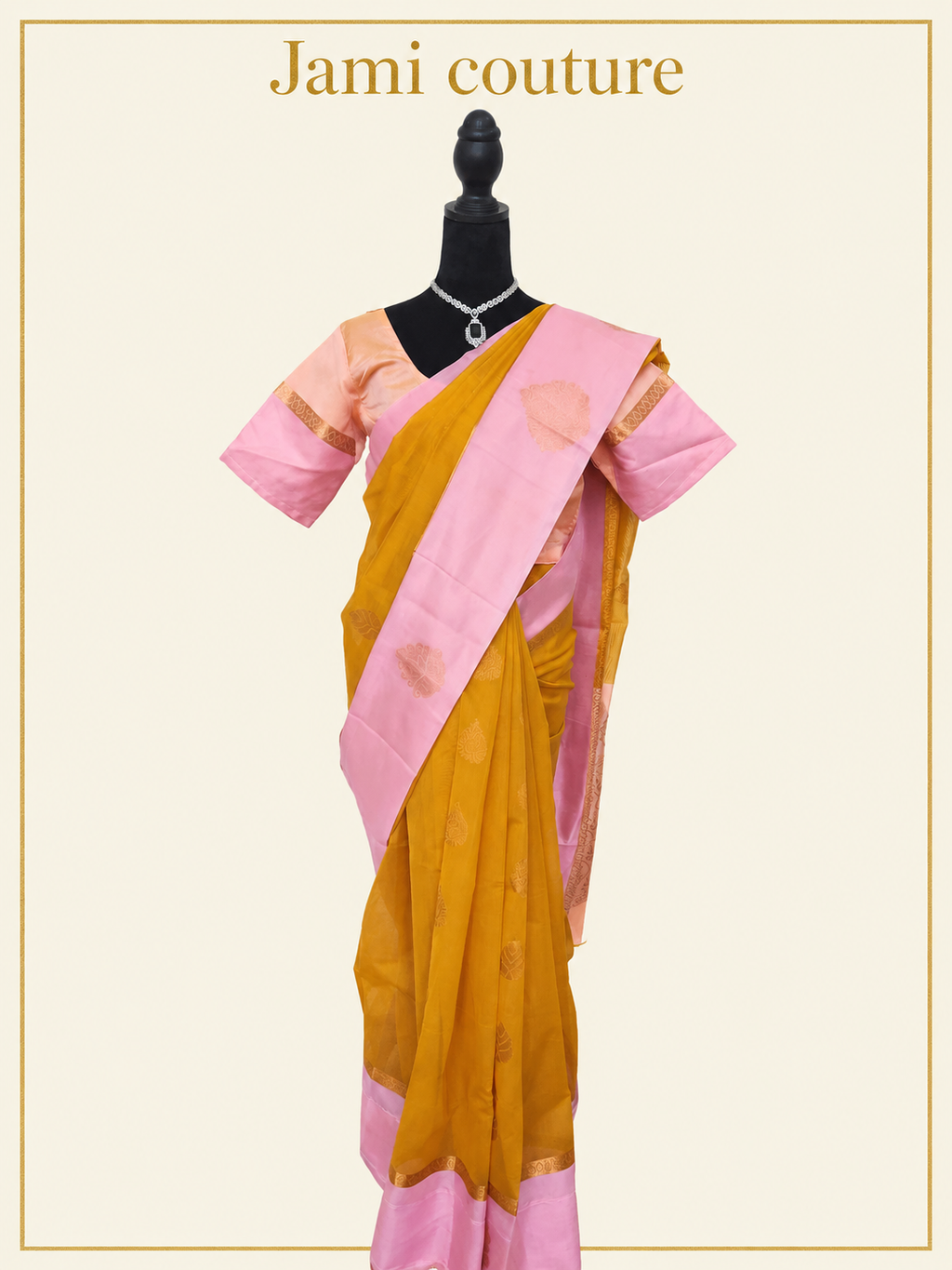 Mustard Yellow Handloom Silk Cotton Saree with Pink Contrast Border & Copper Zari Motifs | Pink Stitched Blouse