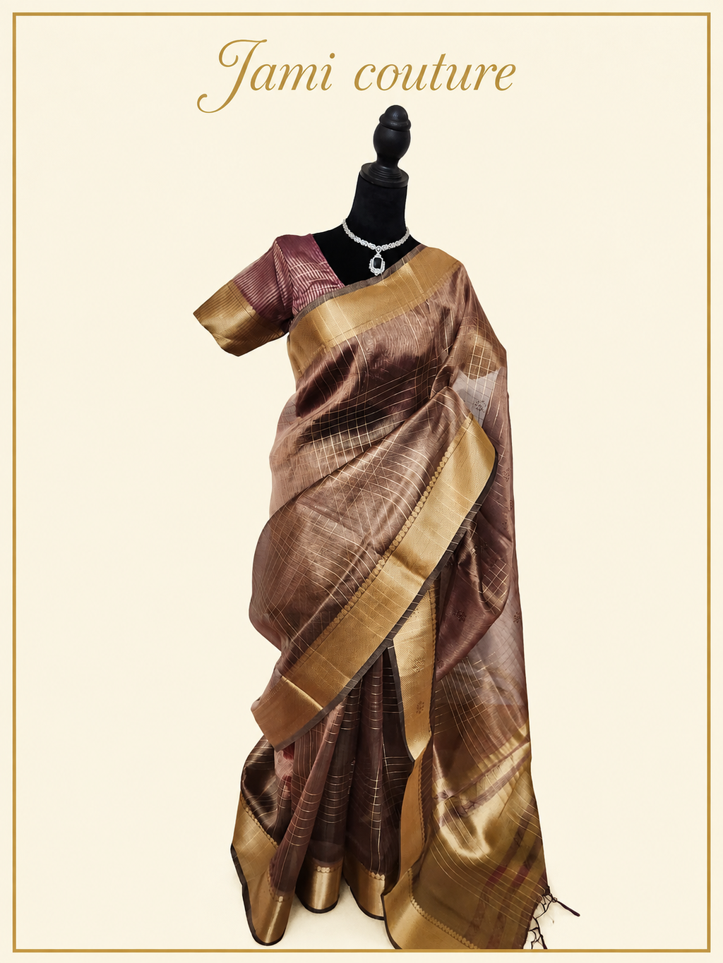 Wine Tissue Organza Saree with Gold Zari Checks & Wide Zari Border | Matching Stitched Blouse