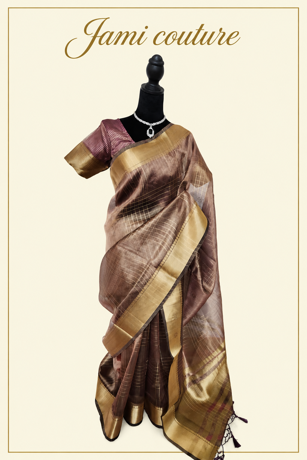 Wine Tissue Organza Saree with Gold Zari Checks & Wide Zari Border | Matching Stitched Blouse