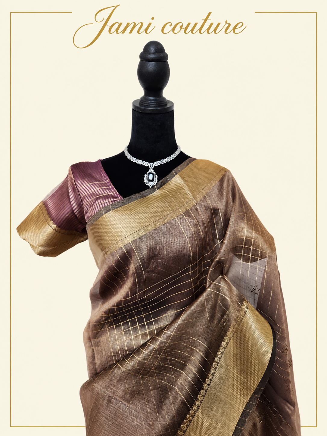 Wine Tissue Organza Saree with Gold Zari Checks & Wide Zari Border | Matching Stitched Blouse