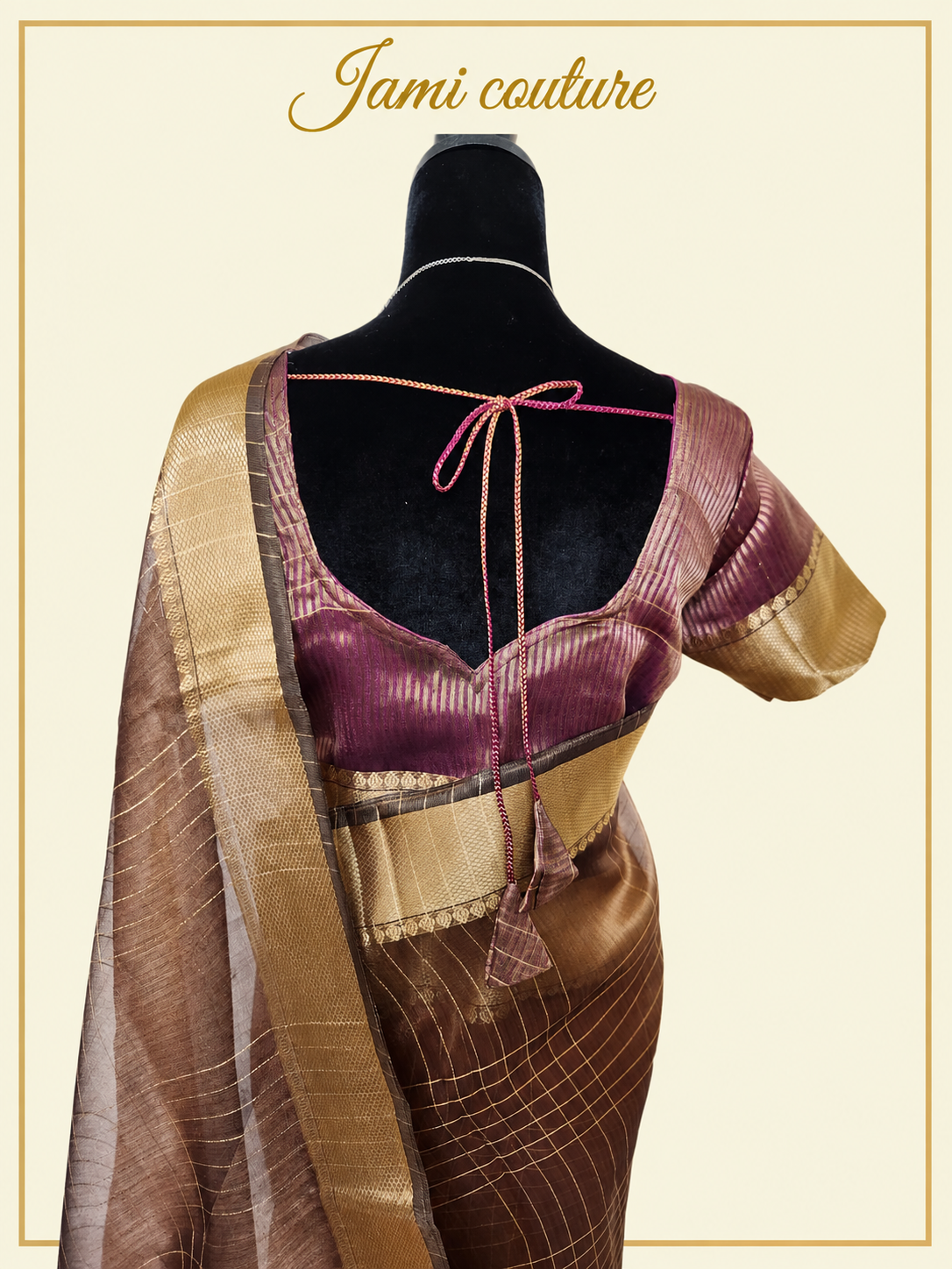 Wine Tissue Organza Saree with Gold Zari Checks & Wide Zari Border | Matching Stitched Blouse