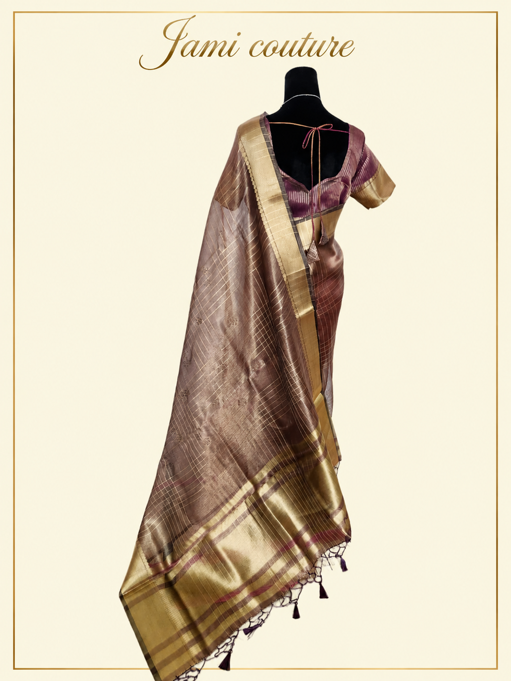Wine Tissue Organza Saree with Gold Zari Checks & Wide Zari Border | Matching Stitched Blouse