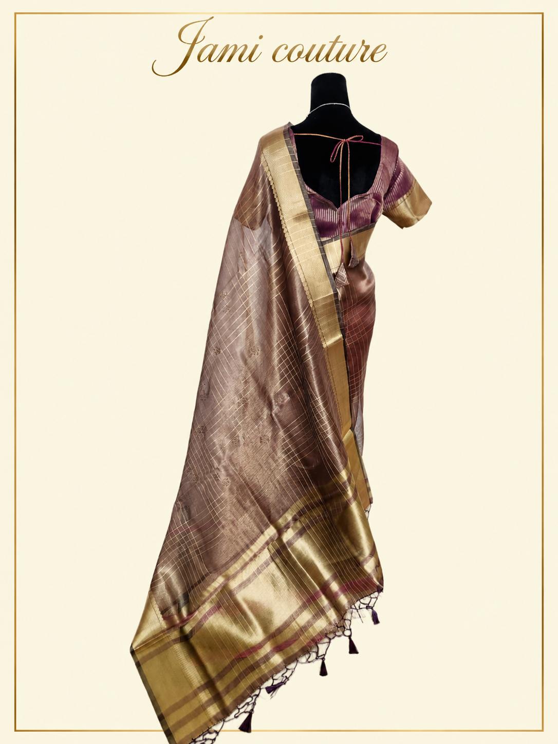 Wine Tissue Organza Saree with Gold Zari Checks & Wide Zari Border | Matching Stitched Blouse