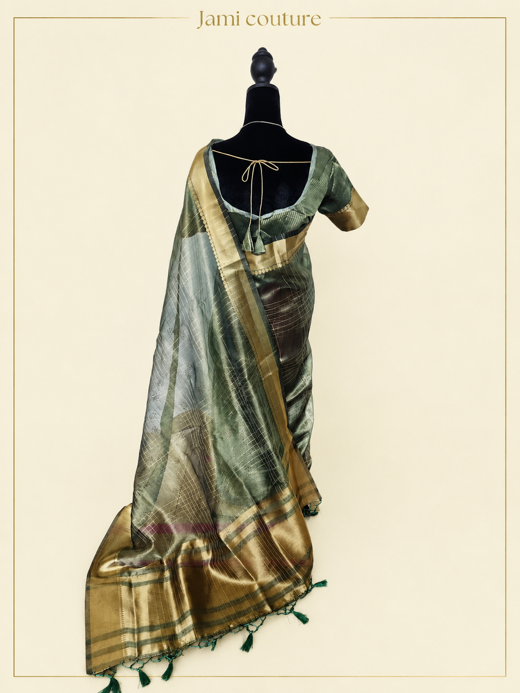 Sage Green Tissue Organza Saree with Gold Zari Checks & Wide Zari Border | Matching Stitched Blouse