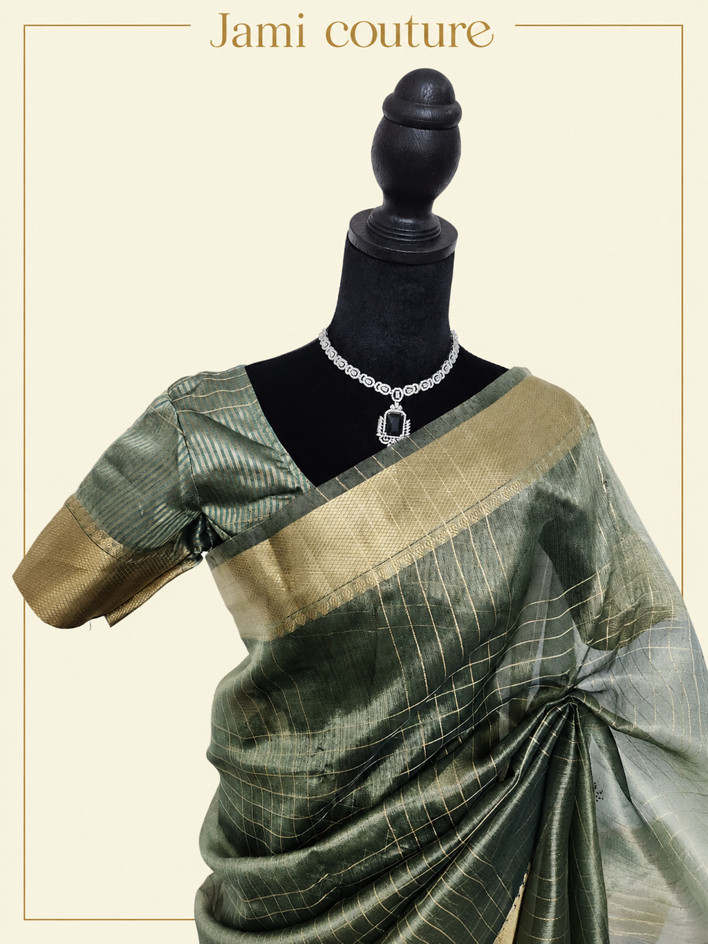 Sage Green Tissue Organza Saree with Gold Zari Checks & Wide Zari Border | Matching Stitched Blouse