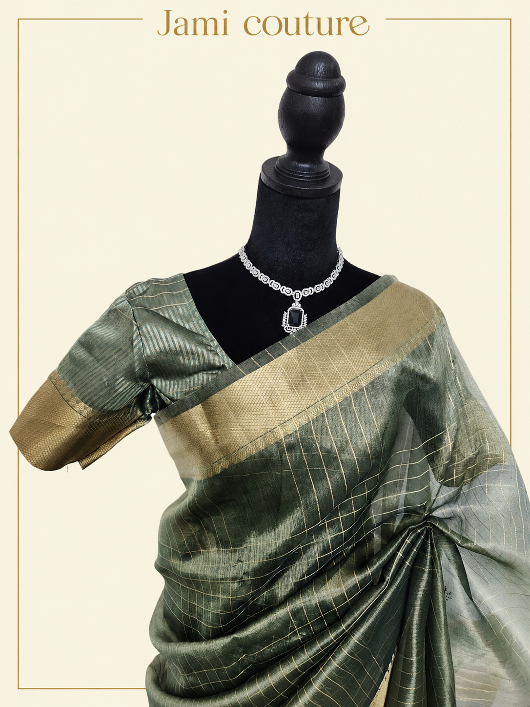 Sage Green Tissue Organza Saree with Gold Zari Checks & Wide Zari Border | Matching Stitched Blouse