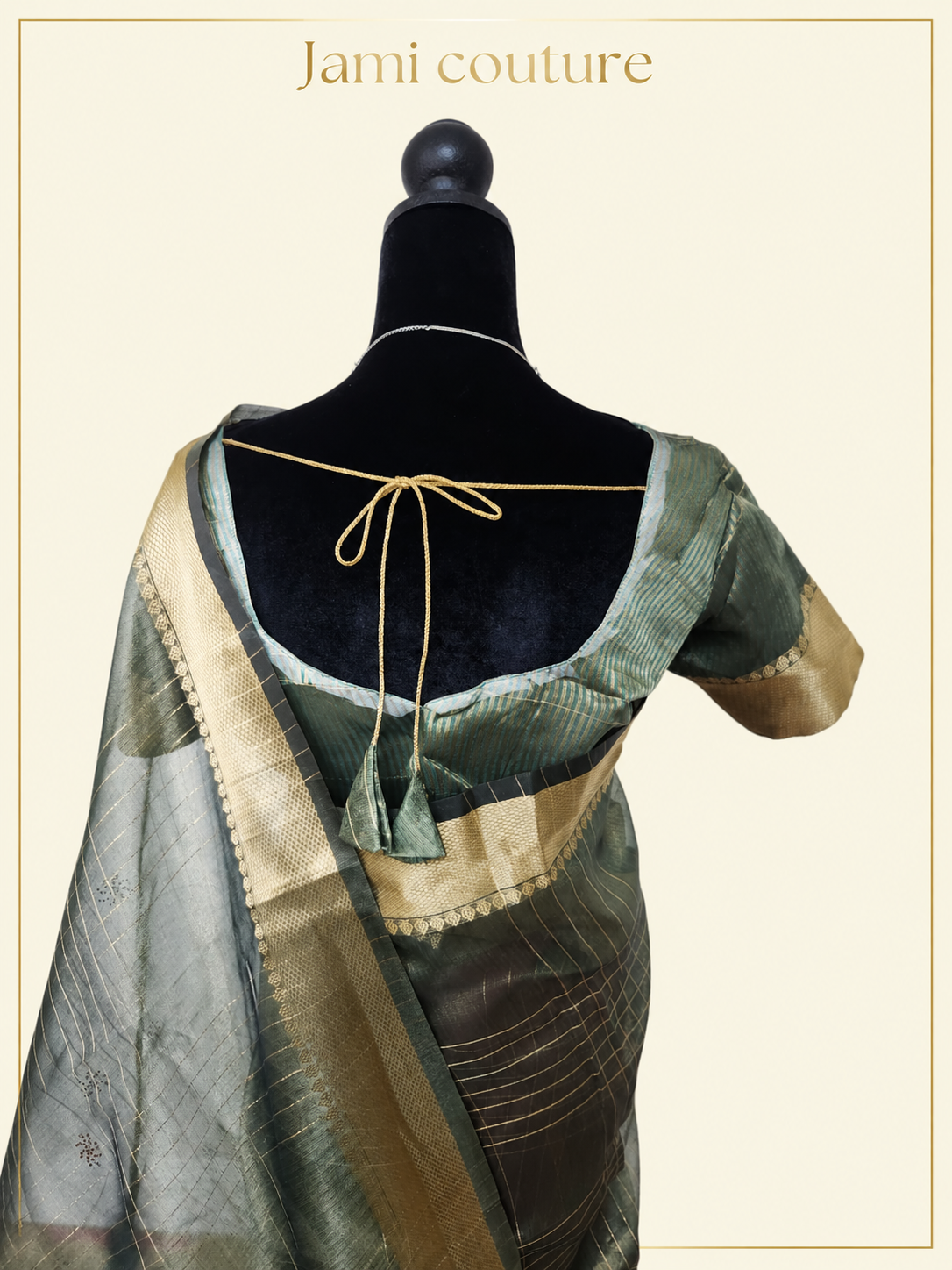 Sage Green Tissue Organza Saree with Gold Zari Checks & Wide Zari Border | Matching Stitched Blouse