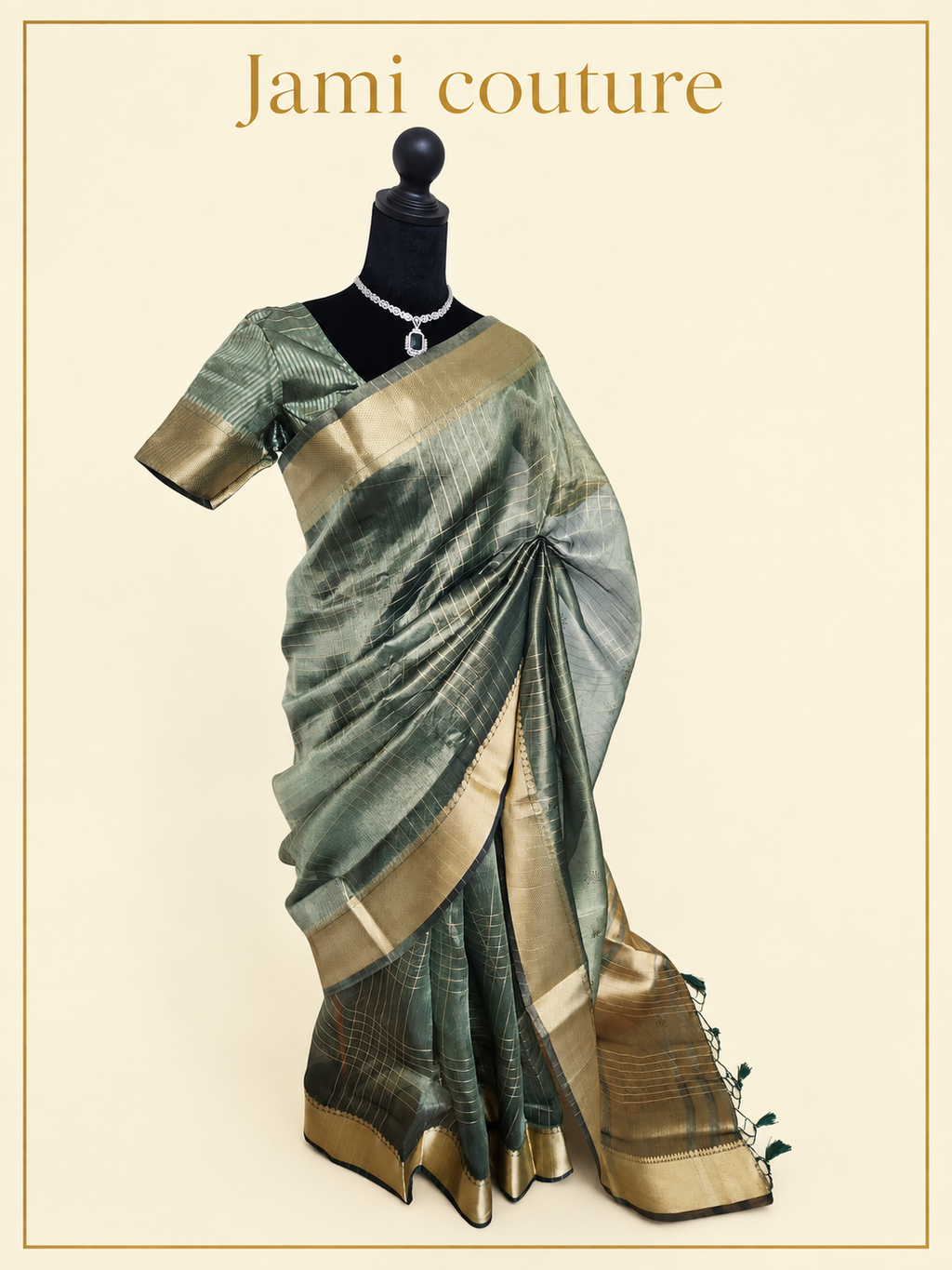 Sage Green Tissue Organza Saree with Gold Zari Checks & Wide Zari Border | Matching Stitched Blouse
