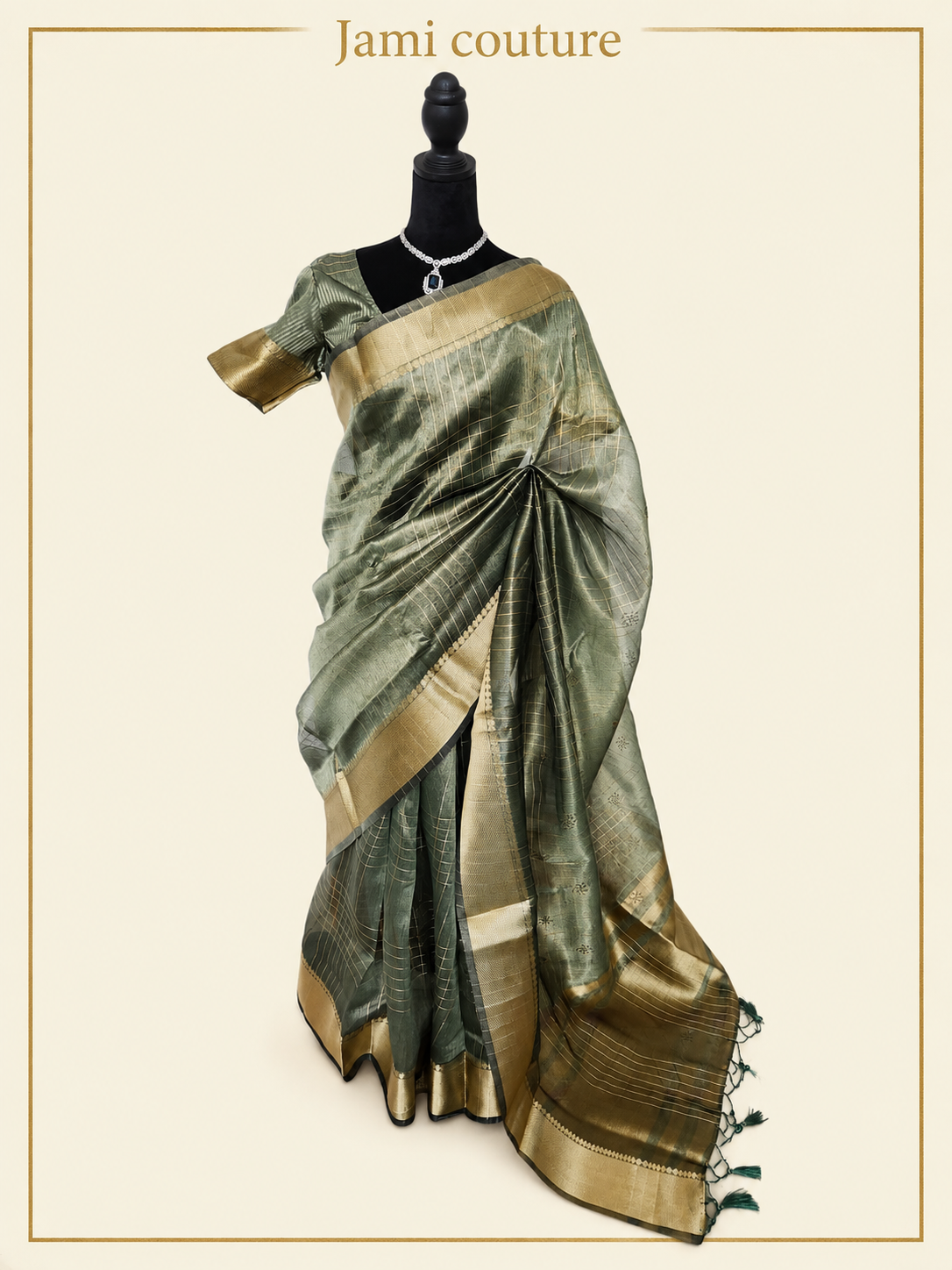 Sage Green Tissue Organza Saree with Gold Zari Checks & Wide Zari Border | Matching Stitched Blouse
