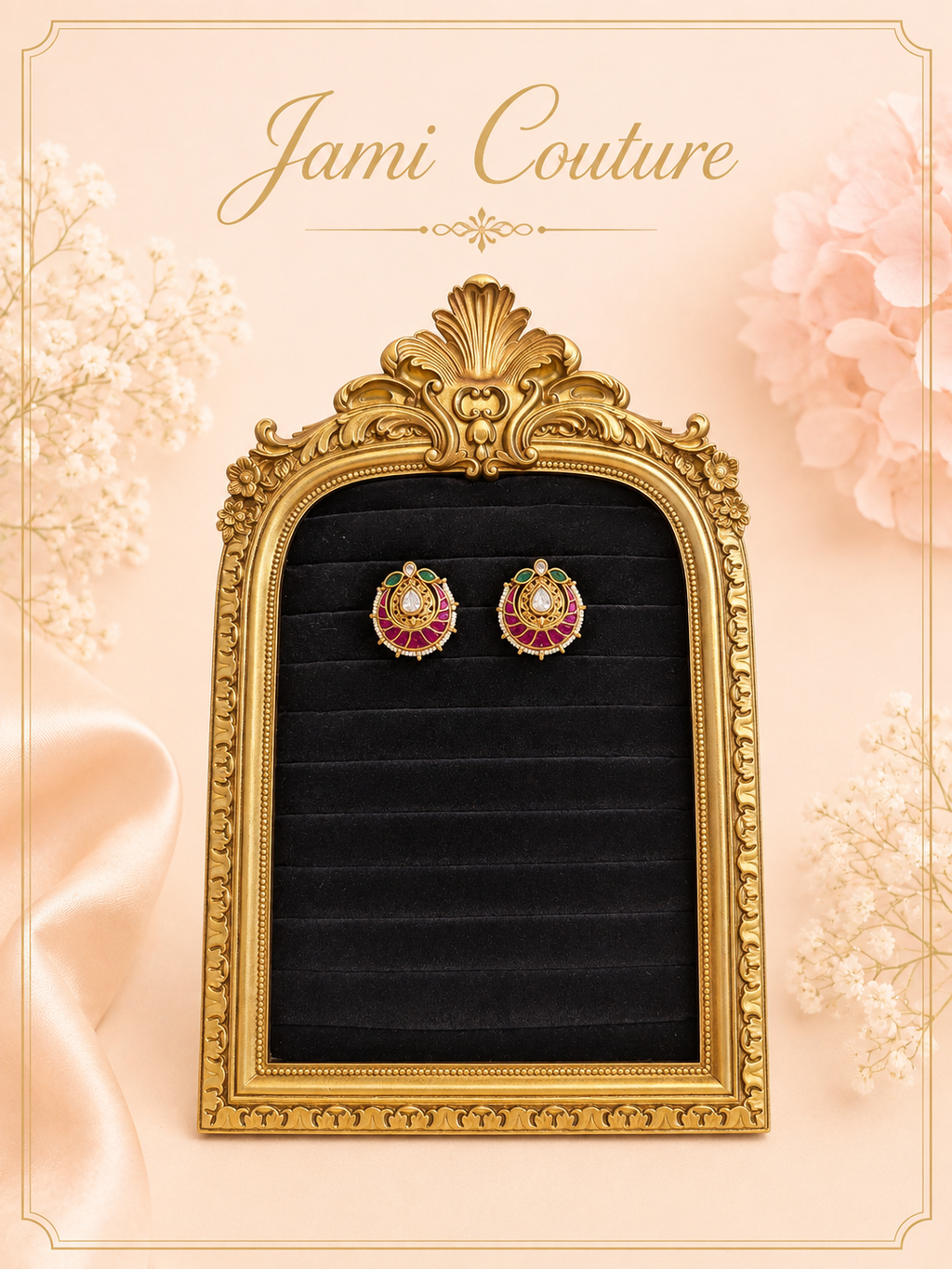 Antique Gold Ruby, Emerald & Kundan Stud Earrings with Pearl Border | Traditional Temple Jewelry