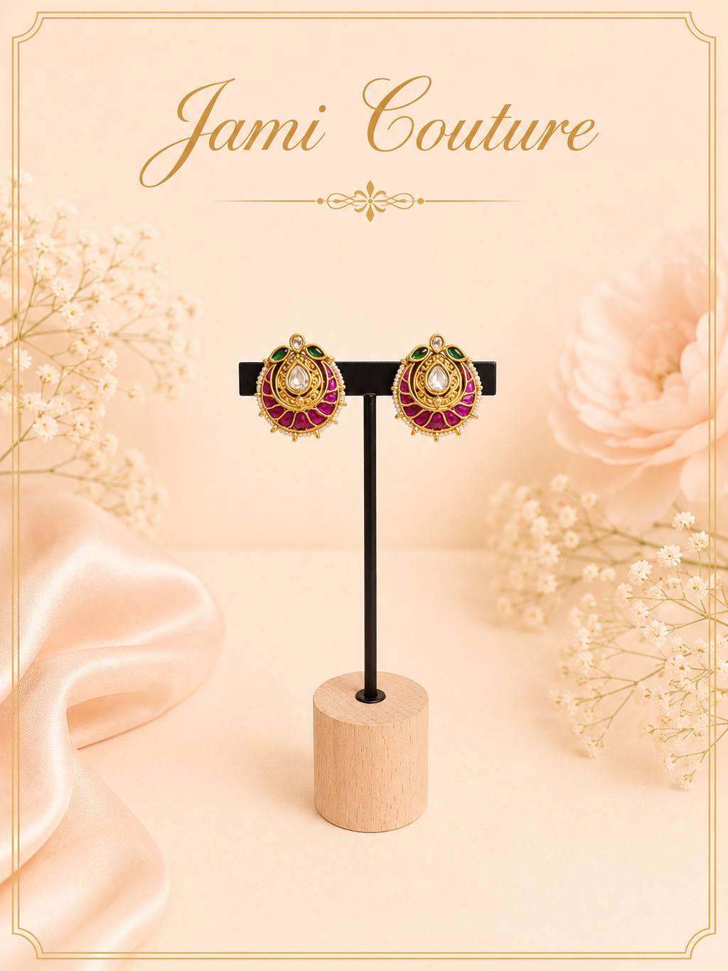 Antique Gold Ruby, Emerald & Kundan Stud Earrings with Pearl Border | Traditional Temple Jewelry