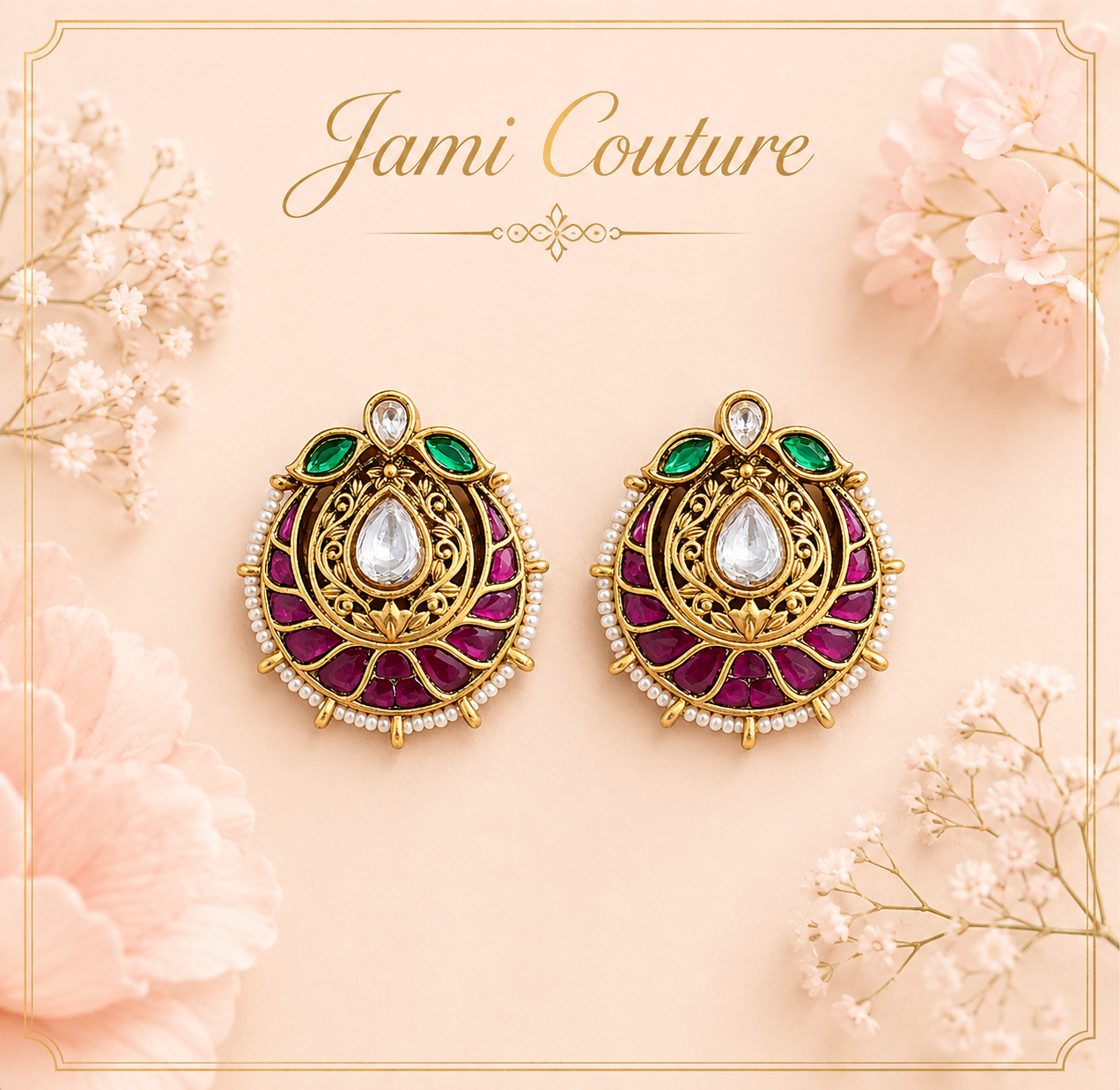 Antique Gold Ruby, Emerald & Kundan Stud Earrings with Pearl Border | Traditional Temple Jewelry