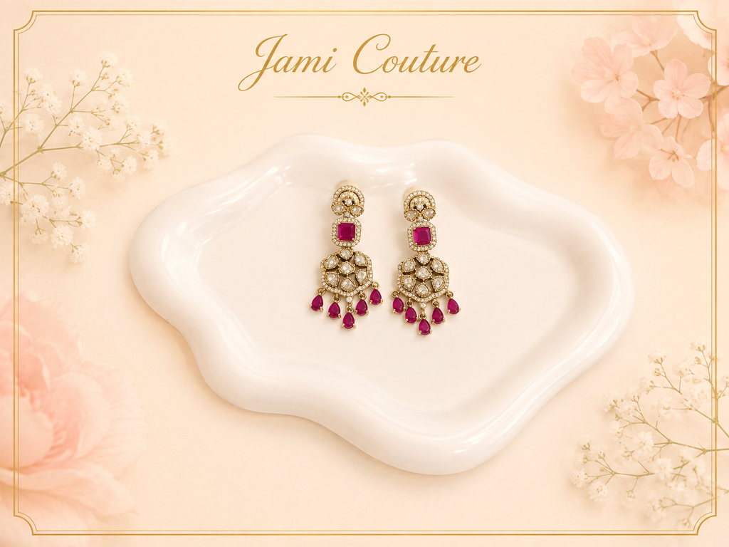 Ruby & White Kundan Chandelier Drop Earrings with Ruby Bead Fringe | Antique Gold-Toned Statement Jewelry