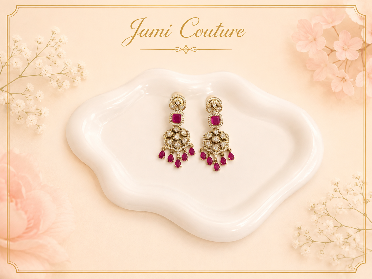 Ruby & White Kundan Chandelier Drop Earrings with Ruby Bead Fringe | Antique Gold-Toned Statement Jewelry